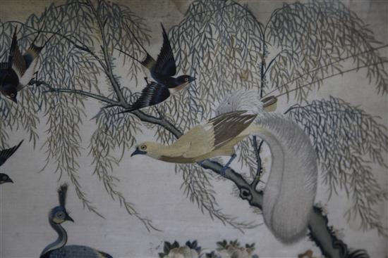 A Chinese embroidered silk picture of birds amid rockwork and foliage, late 19th / early 20th century, 56 x 63cm, losses to frame